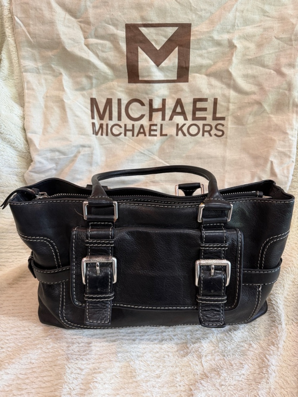 Michael Kors Black Leather Buckle Tote with Silver Hardware